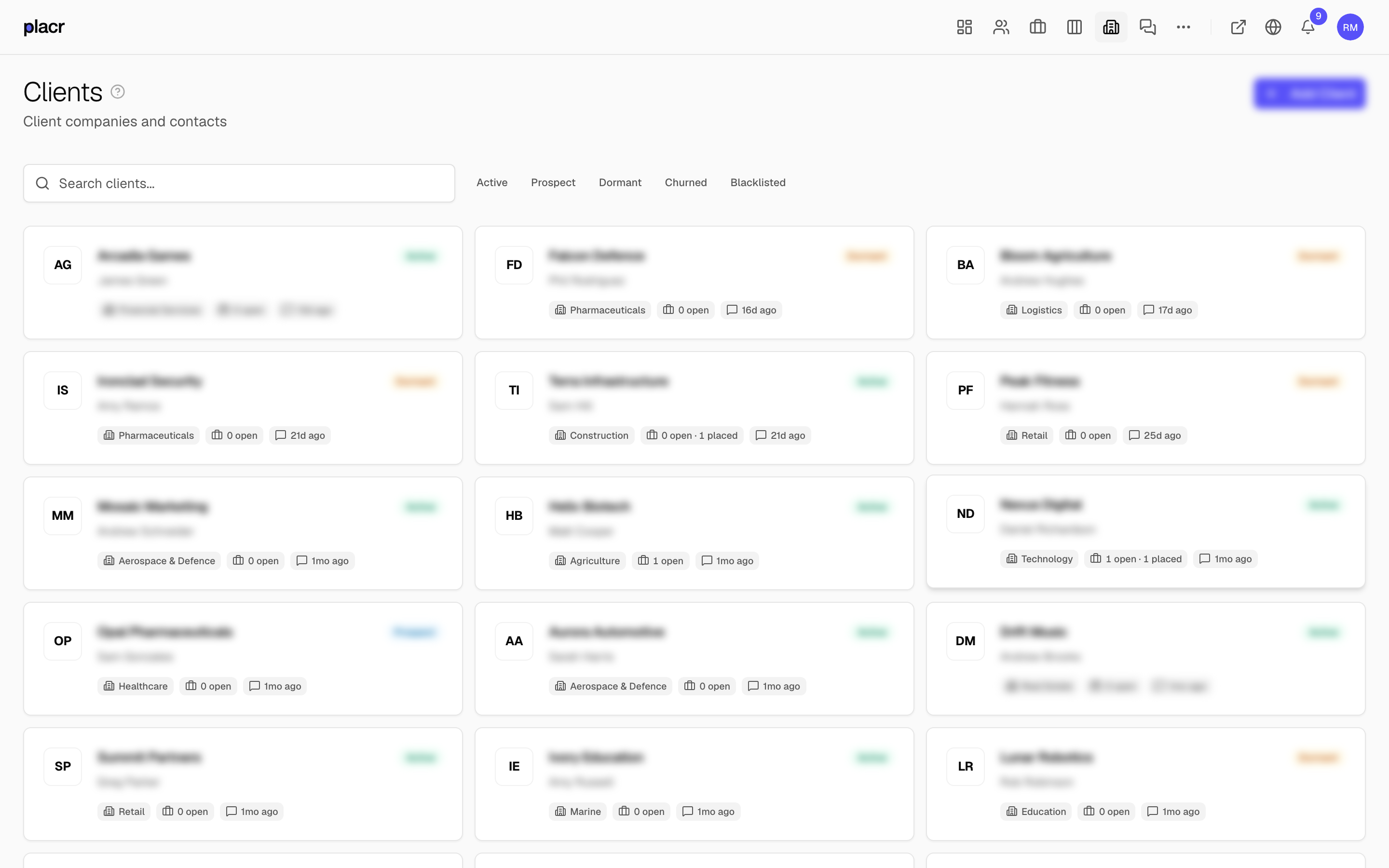 Placr client management with deal pipeline, contacts, and revenue tracking