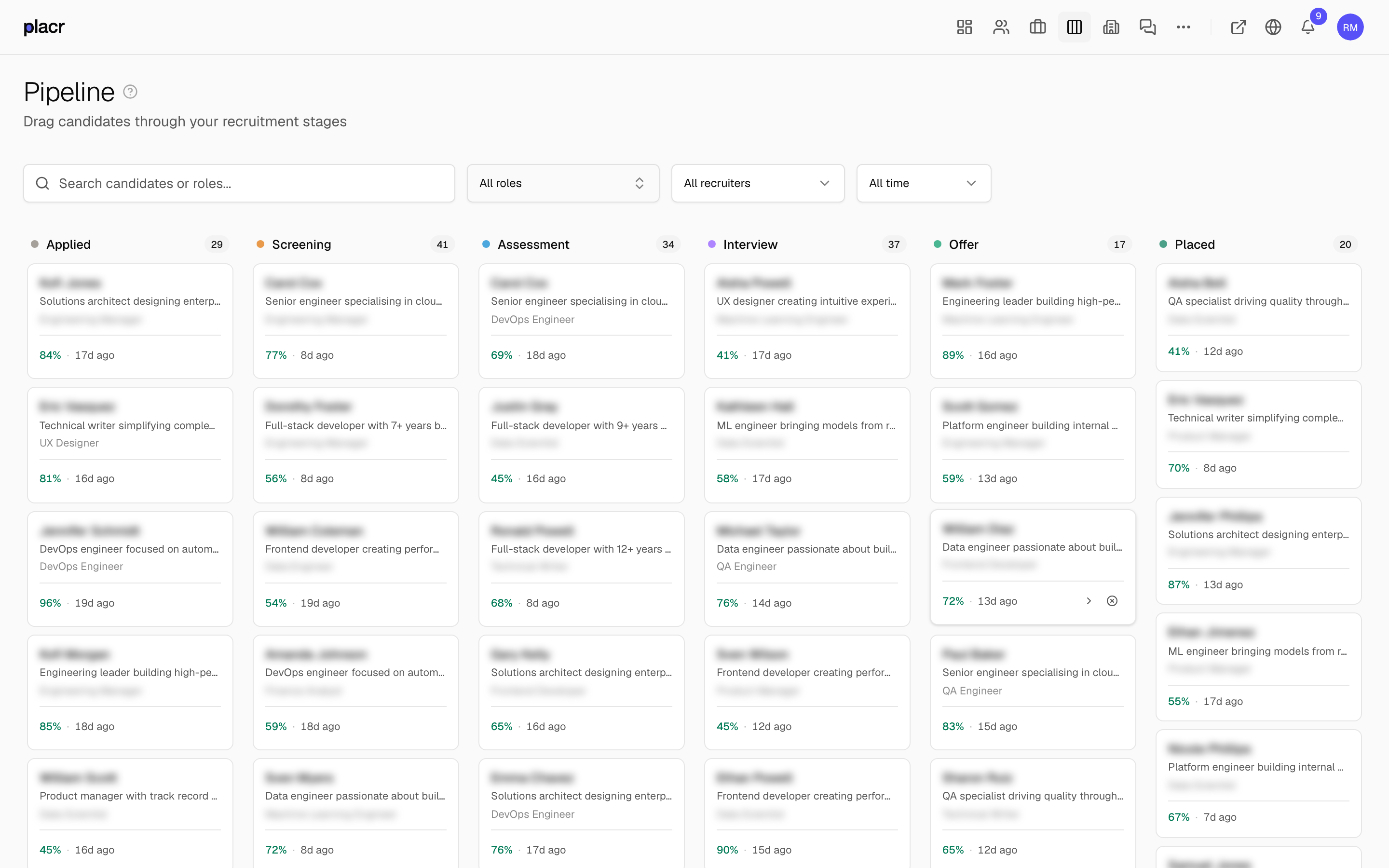 Placr pipeline management showing candidates across recruitment stages